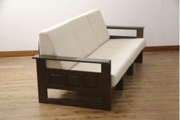 北海道民芸家具の2人掛けソファをリペア&カスタム!高品質リペアを施し、座面と背もたれのクッション内部を交換し、生地を張り替え。(3人掛けソファ、3P)