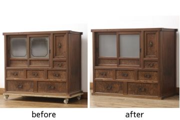 関東水屋箪笥サイドボードをリペア&カスタム!ガラスはすりガラスへ交換。木部は新材を使用した部分は元のお色味に合わせて着色し、本体はクリアワックスにて仕上げ。(食器棚、キャビネット、収納棚、戸棚)
