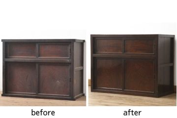 関東水屋箪笥をリペア&カスタム!本体幅に合わせ出ている部分をカットし、金具の欠損箇所には近しいものを取り付け。本体は現状をベースに1トーン程落ち着いた色味に着色。(時代箪笥、収納棚、戸棚、キャビネット、食器棚、リビングボード、サイドボード)