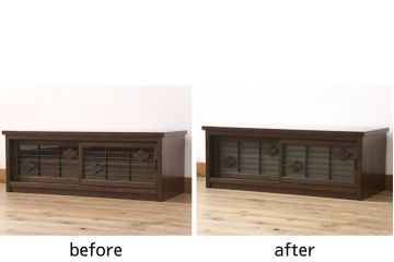 テレビ台をリペア&カスタム!ご希望の位置に配線用の穴あけ加工。建具のガラスは2枚ともすりガラスに交換。(テレビボード、ローボード、リビングボード、収納棚、戸棚)