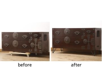 ローボードをリペア&カスタム!鉄脚を取り付け、側面に埋め木加工を施し、本体は現状の色味を活かして仕上げ。(ローチェスト、テレビ台、引き出し、和たんす、時代箪笥)