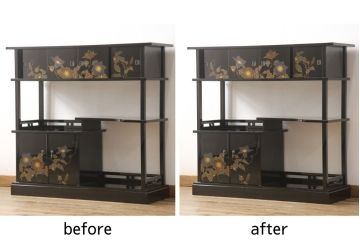 飾り棚をリペア&カスタム!傷が目立つ箇所に金継ぎのような塗装仕上げ。(茶棚、キャビネット)