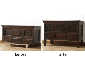 ローボードをリペア&カスタム!脚を取り付け、天板をリペア。新材使用の脚は、本体に合わせて着色。(収納棚、戸棚、サイドボード、テレビ台、テレビボード)