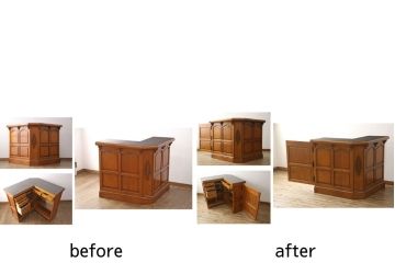 コーナーカウンターをリペア&カスタム!開き扉を新たに製作し、色味は既存の色に合わせた着色。(収納棚、カウンターテーブル)