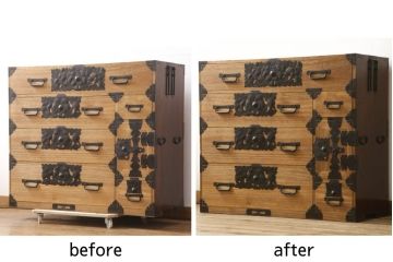 最上箪笥をリペア&カスタム!前面は現状の色味を活かしクリアワックス、側面と天板は現状の品物に合わせて1トーン程落ち着いた色に着色。(時代箪笥、桐たんす、和タンス、収納箪笥、引き出し、チェスト)
