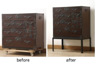 米沢小箪笥をリペア&カスタム!高さ・幅を調整して鉄脚を取り付け、現状のお品物に合わせて1トーン程落ち着いた色に着色。(枕箪笥、和タンス、小物収納、引き出し、整理箪笥、時代箪笥)