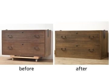 箪笥の見た目を変えずに綺麗にリペア!天板裏から天板を補強。本体は現状の品物に合わせて1トーン程落ち着いた色に着色。(ローボード、テレビ台、チェスト、引き出し、桐箪笥、桐たんす)