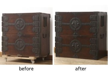 帳場箪笥をリペア&カスタム!底板の中空部分に板を足してフラットに加工。足した材も周りの材に合うように着色。(小箪笥、和箪笥、時代箪笥、収納たんす)