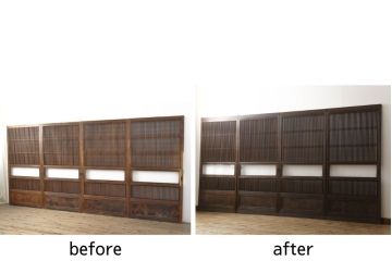 裏障子付き格子戸4枚をリペア&カスタム!高さと幅をリサイズし、平戸車を取り付け。裏障子はプラスチック障子を貼り付け、ガラス部分は当店オリジナルの麻の葉紋様ガラスに交換。色味は当店商品を参考に着色。(引き戸、ガラス帯戸)