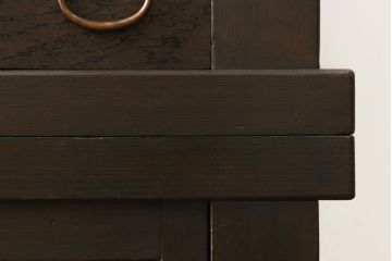三尺水屋箪笥をリペア&カスタム!高さをリサイズし、本体を上下分割できるように加工。網部分にはすりガラスを取り付け、棚板を新たに製作。色味はチェス系に着色し蜜蝋ワックスにて仕上げ。(収納棚、戸棚、キャビネット、食器棚)