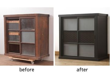 ガラス戸棚をリペア&カスタム!天板を補強し、棚内部中央に縦方向の仕切り製作。棚板を可動式に加工。麻の葉デザインのレーザー組子を製作し、上からすりガラス・組子入りすりガラス・すりガラスの順に引き戸ガラスを交換。組子の色味は暗めの茶色、本体はマットブラックに着色。 (収納棚、戸棚、キャビネット)