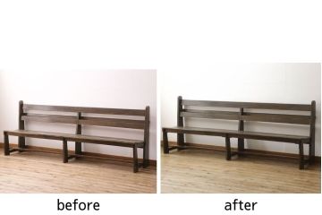 チャーチベンチをリペア&カスタム!脚の四隅にL字型の金具を取り付け強度の補強。現状の品物に合わせて1トーン程落ち着いた色に着色。(木製ベンチ、長椅子、ベンチ)
