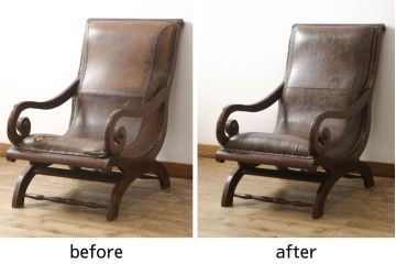 一人掛けソファをリペア&カスタム!ウレタンスポンジで座面の硬さ調整をし、座面生地を張り替え、パイピング、鋲を取り付け。修繕箇所は本体と馴染ませ、現状の品物に合わせて1トーン程落ち着いた色に着色。(一人掛けソファ、アームチェア、ラウンジチェア)