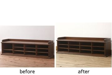 オープンラックをリペア&カスタム!棚板は不足分を新規製作し取り付け、修繕箇所は本体と馴染ませ、現状のお品物に合わせて1トーン程落ち着いた色に着色。(棚、上置棚、ローボード、サイドボード)