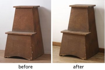 踏み台の見た目を変えずに綺麗にリペア!現状の色味を活かしてクリアワックスにて仕上げ。(飾り台、花台)