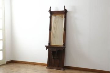 マホガニー材ホールスタンドをリペア&カスタム!鏡を新しいものに交換し、壁への固定用金具を取り付け。全体を1トーン落ち着いた色味に着色仕上げ。(ミラー、鏡、鏡台、ドレッサー、化粧台)