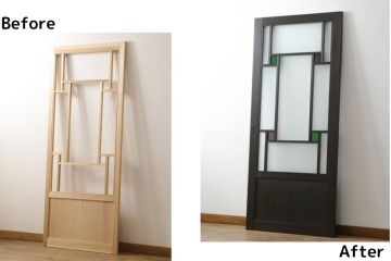 ガラス戸をリペア&カスタム!リサイズし、引手を取り付け。色ガラスとすりガラスをはめ込み、木部はチェスナット系に着色仕上げ。(引き戸、建具)