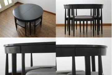 ハンス・オルセン(HANS OLSEN)デザインのダイニングテーブルとチェア4脚セットをリペア&カスタム!チェアの座面を張替え、木部をマットブラックでペイント仕上げ。(エクステンションテーブル、拡張式テーブル、4人掛け、ダイニングチェア、椅子、イス、いす、スタッキング、ヴィンテージ、北欧)