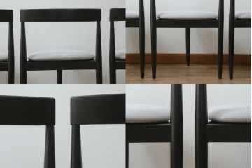 ハンス・オルセン(HANS OLSEN)デザインのダイニングテーブルとチェア4脚セットをリペア&カスタム!チェアの座面を張替え、木部をマットブラックでペイント仕上げ。(エクステンションテーブル、拡張式テーブル、4人掛け、ダイニングチェア、椅子、イス、いす、スタッキング、ヴィンテージ、北欧)