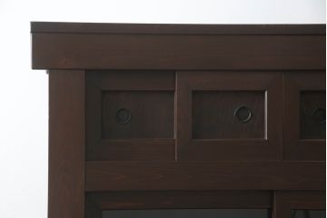 水屋箪笥をリペア&カスタム!下段に棚板を製作し追加。網部分をクリアガラスに変更。1トーン落ち着いた色味に着色仕上げ。(キャビネット、食器棚、収納棚、戸棚)