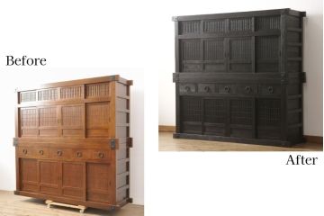 水屋箪笥をリペア&カスタム!全体を剥離し、黒色で再着色。(収納箪笥、重ね箪笥、食器棚、収納棚)