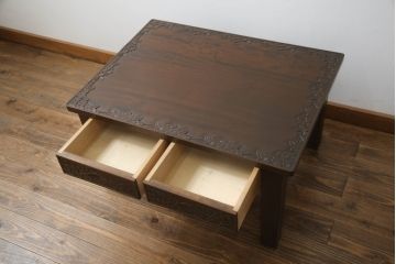 軽井沢彫りの平机をリペア&カスタム!脚をカットし高さをリサイズ。1トーン落ち着いた色味に着色仕上げ。(コンソールテーブル、ワークデスク、ローテーブル、座卓、在宅用、在宅ワーク用、作業台)
