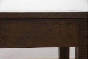 軽井沢彫りの平机をリペア&カスタム!脚をカットし高さをリサイズ。1トーン落ち着いた色味に着色仕上げ。(コンソールテーブル、ワークデスク、ローテーブル、座卓、在宅用、在宅ワーク用、作業台)
