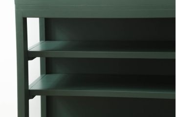 ガラス収納棚をリペア&カスタム!天板の取り付け。取り外し可能な棚板を設置。ダークグリーンでペイント仕上げ。(ガラスケース、サイドボード、飾り棚、陳列棚、戸棚、キャビネット、店舗什器、三面)
