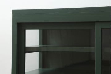 ガラス収納棚をリペア&カスタム!天板の取り付け。取り外し可能な棚板を設置。ダークグリーンでペイント仕上げ。(ガラスケース、サイドボード、飾り棚、陳列棚、戸棚、キャビネット、店舗什器、三面)
