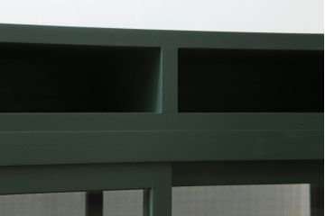 ガラス収納棚をリペア&カスタム!上部にオープンラックを製作し、内部は木製棚板を追加。背面にチェッカーガラスを取り付け、全体をダークグリーンにペイント仕上げ。(ガラスケース、サイドボード、飾り棚、陳列棚、戸棚、キャビネット、店舗什器、三面)