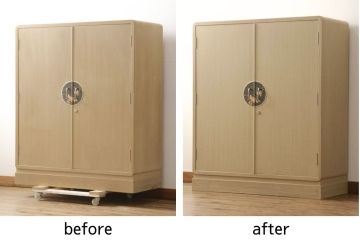 加茂桐箪笥の見た目を変えずに綺麗にリペア!砥の粉は落とさず、汚れやシミのみ綺麗になるよう仕上げ。(胴厚、桐たんす、着物箪笥、和タンス)